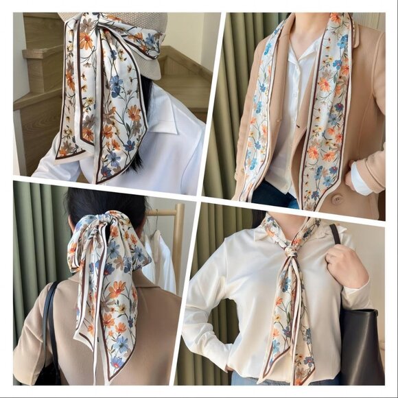 Elegant Yellow & Blue Floral Silk Head Scarf - Lightweight Neck Tie for Women - Picture 7 of 8